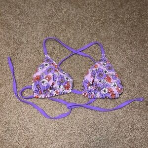 Purple Retro Floral Reversible Triangle Bikini Top Cross Back Tie Swimwear XS